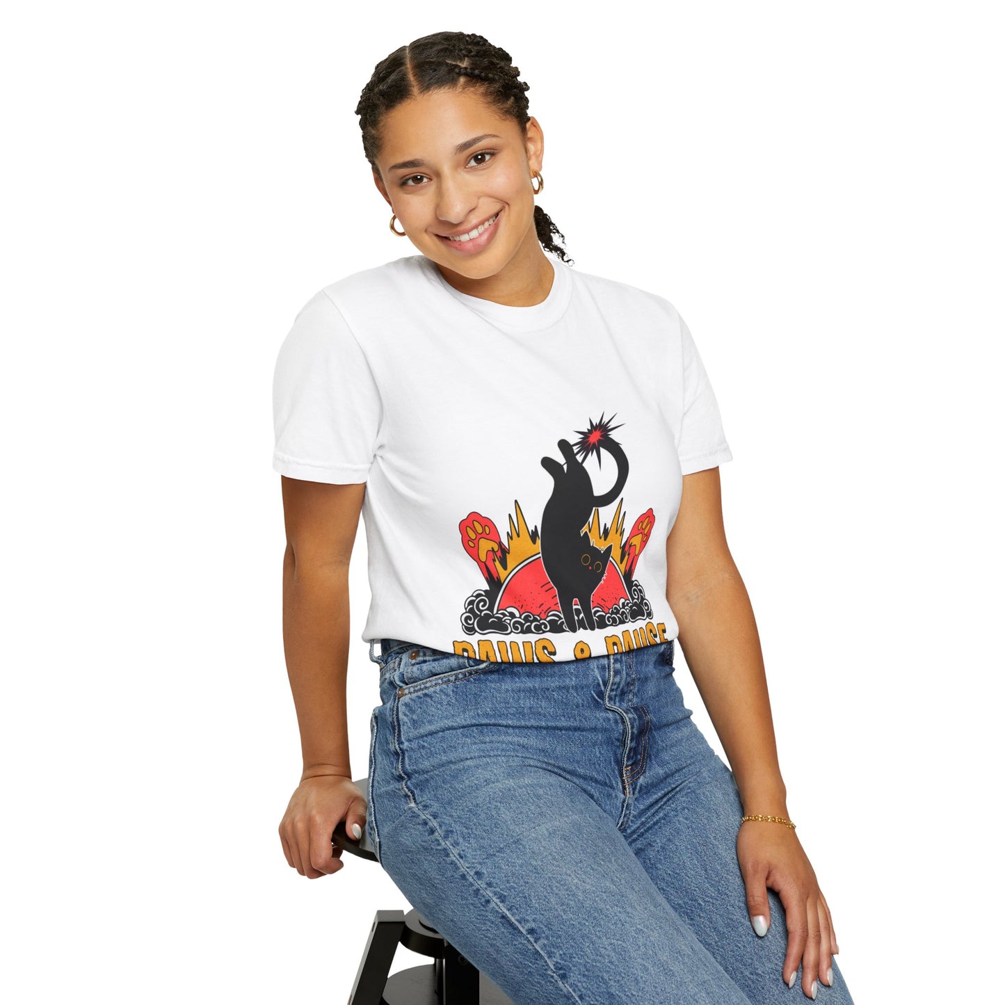 Paws & Pause Unisex Garment-Dyed T-Shirt - Fun Cat Design for Animal Lovers