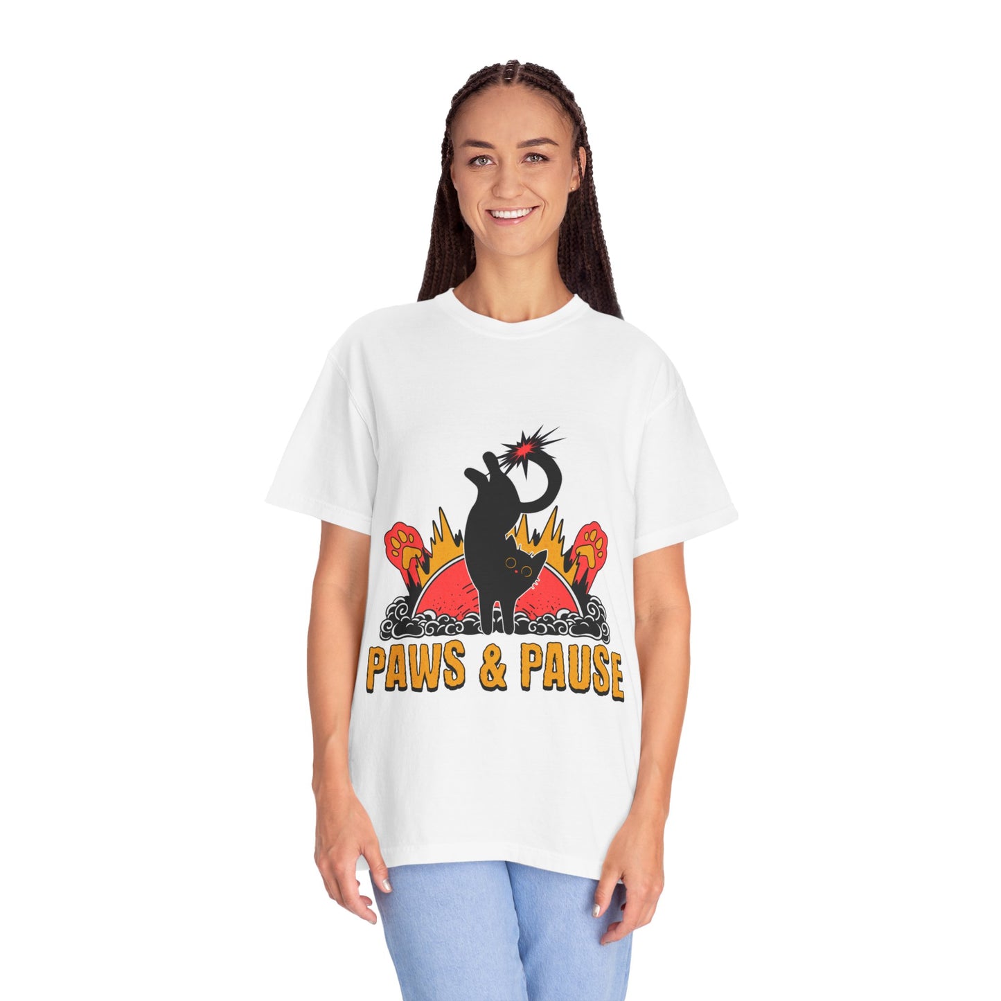 Paws & Pause Unisex Garment-Dyed T-Shirt - Fun Cat Design for Animal Lovers