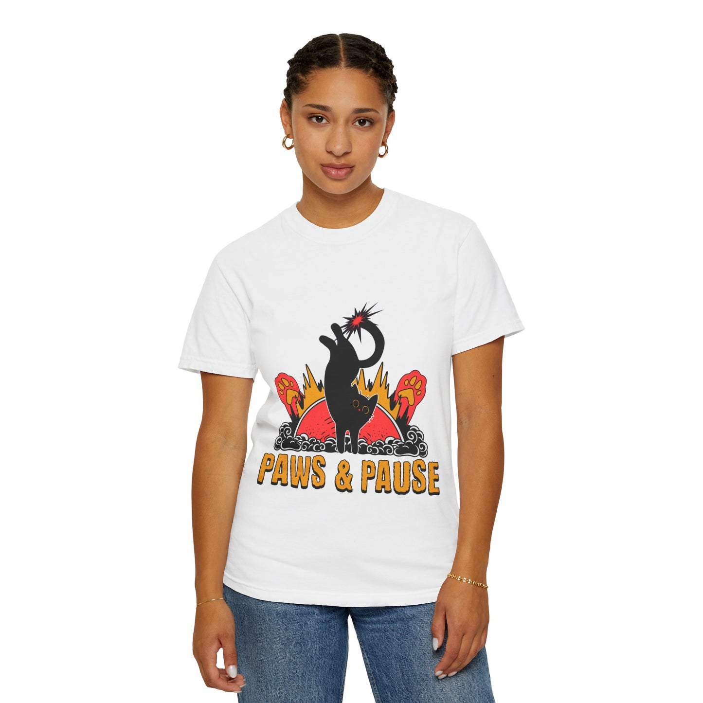 Paws & Pause Unisex Garment-Dyed T-Shirt - Fun Cat Design for Animal Lovers